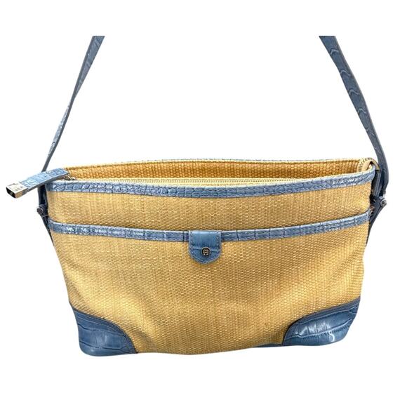 Etienne Aigner Vintage Summer Straw Basket Weave Blue Croc Trim Purse - Picture 3 of 11